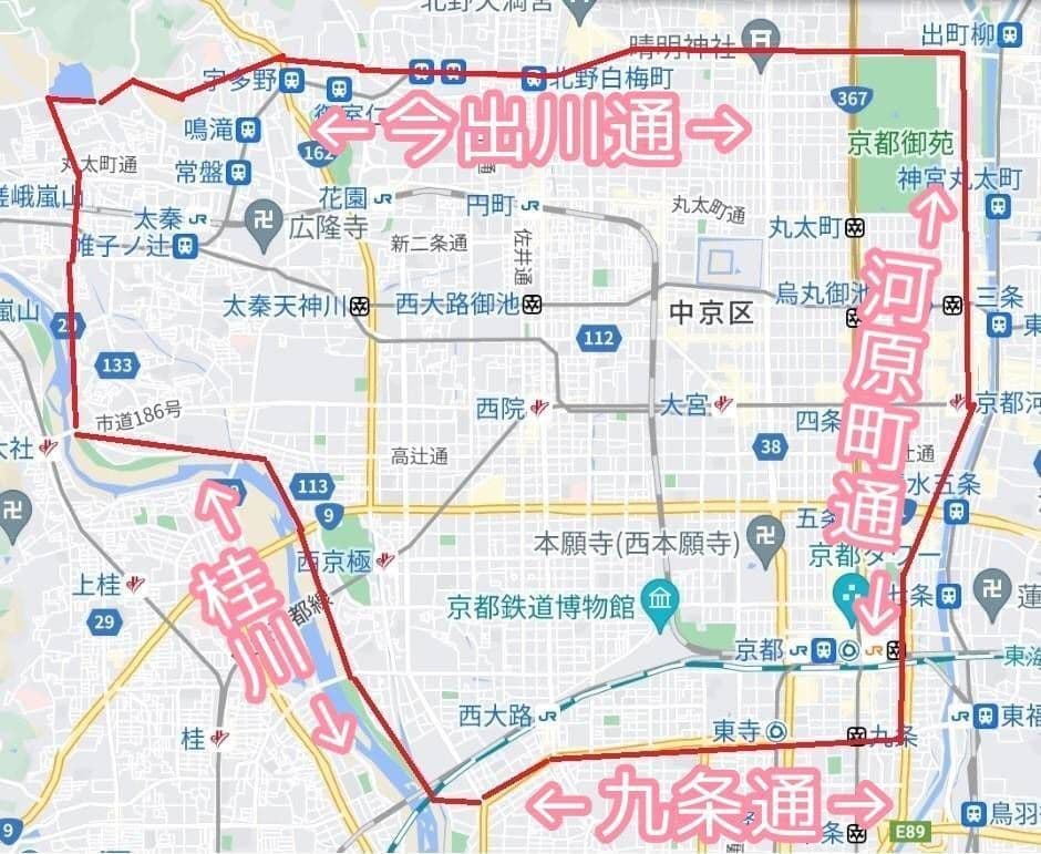 事業所の住所を中心とした訪問範囲を示した図。